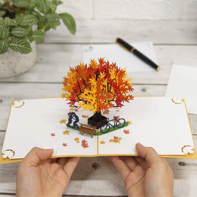 CUTE POPUP بطاقات كيوت بوب أب للاحتفال بالذكرى السنوية، بطاقة بوب أب خريفية بتصميم فريد لزوجين وشجرة القيقب - الهدايا اليدوية المثالية لحبيبك، صديقتك، صديقك في عيد الحب أو ذكرى الحب. - Image 5